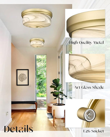 Flush Mount Ceiling Light, 12inch Close to Ceiling Light Fixture, Metal Gold Finish with Handmade Grey Marble Glass Art Shade for Living Bedroom Room Hallway Kitchen