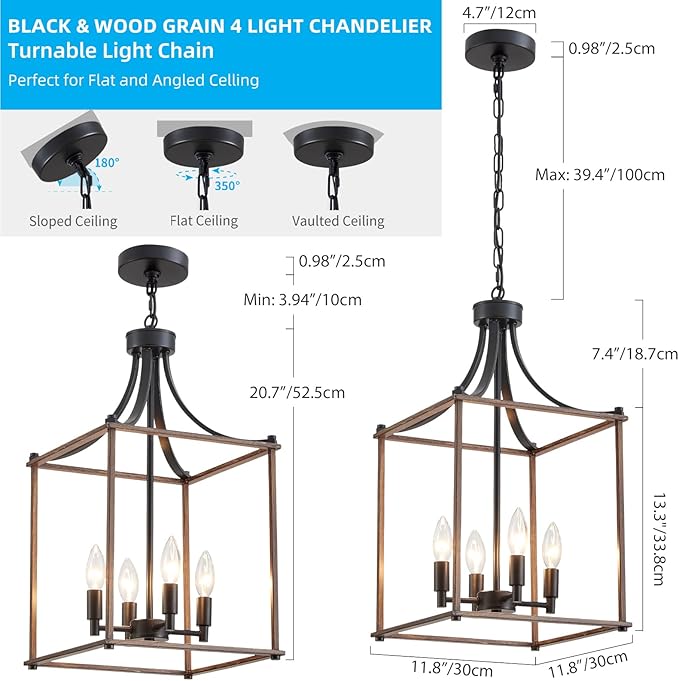 XINGQI Modern Farmhouse Chandeliers for Dining Room,4 Light Geometric Lantern Black Wood Grain Finish Cage Pendant Lighting Fixture 11.8" for Staircase Foyer Kitchen Entryway