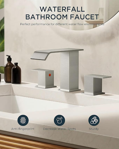 FORIOUS Widespread Bathroom Sink Faucet 3 Hole Brushed Nickel, 2 Handles Waterfall Bathroom Faucet with Metal Pop-up Drain and 24" Hot and Cold Water Hoses, Suitable for Vanity RV Restroom