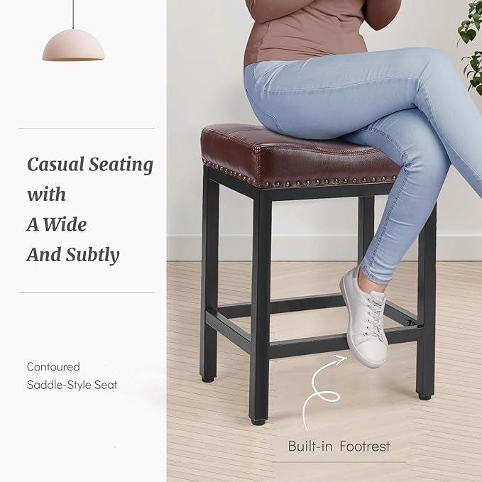 DUMOS Saddle Bar Stools Set of 4, 24 Inch Counter Height Stools with Curved PU Leather Surface, 3.7" Thick Upholstery Bar Height Stools with Footrest for Kitchen Island, Dining, Cafe, Modern Brown