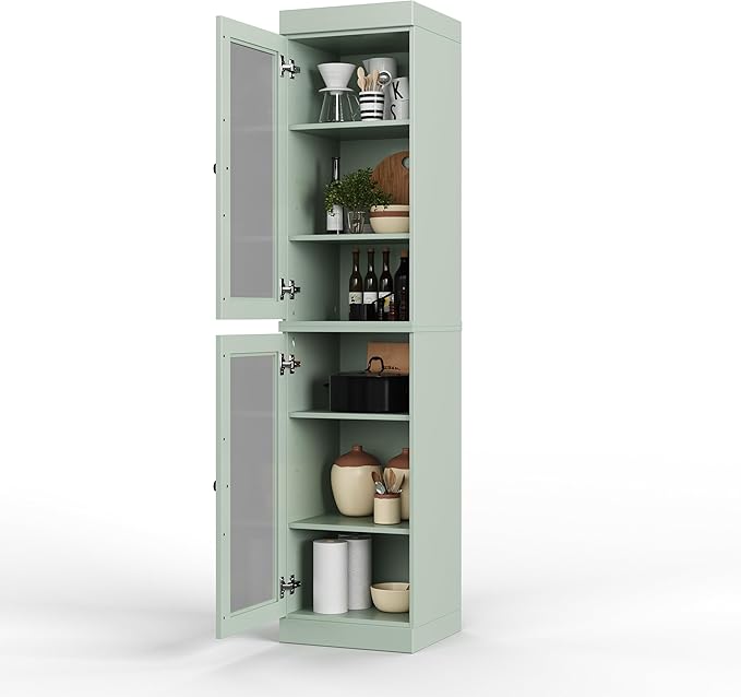 Palace Imports Solid Wood Kitchen Pantry Cabinet w/Glass Doors - Narrow Storage Cabinet - 16.5" Wide x 71.5" Tall - Sage, Adjustable Shelves, 100% Eco-Friendly Wood, Modular Cabinets