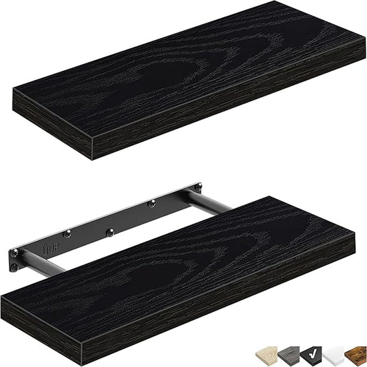 QEEIG Floating Shelves for Wall Bathroom Shelf Bedroom Kitchen Living Room Farmhouse Small Book Shelf 16 inch Set of 2, Black (015-B2)