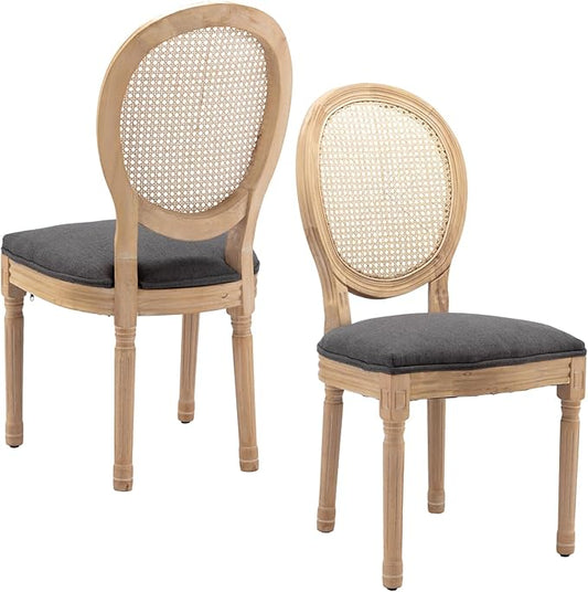 Linen Wooden Dining Chair Set of 2, Upholstered Farmhouse Dining Chair with Solid Wood Frame, Kitchen & Dining Room Chairs for Living Room, Restaurant, Bedroom (Gray-Rattan, Set of 2)