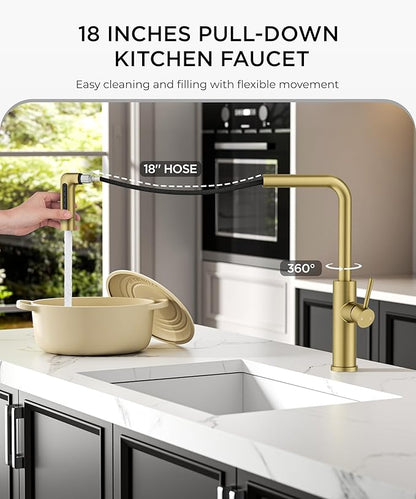 FORIOUS Gold Waterfall Kitchen Faucet with Pull Down Sprayer, 5 Spout Mode Stainless Steel Single Handle 360° Swivel Classic Kitchen Sink Faucet with Deck Plate for 1 or 3 Hole for Bar Rv