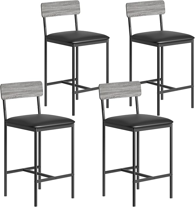 TrailBlaze Bar Stools Set of 4, 25.5'' Counter Height PU Upholstered Barstools with Backrest & Footrest, Modern Metal Legs - Kitchen Island, Dining Room, Apartment - Easy Assembly - Rustic Grey