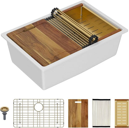 Lordear 28 Inch White Granite Composite Kitchen Sink Workstation 28x19 White Undermount Quartz Sinks Under Counter Single Bowl Sink with Classic Gold Accessories
