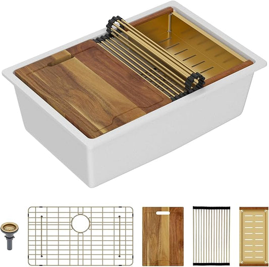 Lordear 28 Inch White Granite Composite Kitchen Sink Workstation 28x19 White Undermount Quartz Sinks Under Counter Single Bowl Sink with Classic Gold Accessories