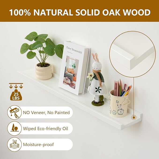 Oak Floating Shelves White for Wall 12 Inch (Upgrade Width 6"), Natural Wood Wall Shelves Display Picture Ledge Shelf for Living Room Bedroom Bathroom Kitchen Office Decor and Storage