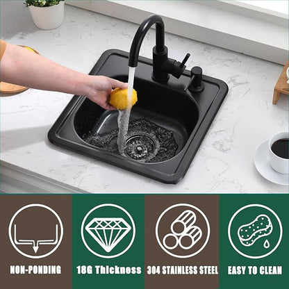 15 Inch Black Drop In Bar Sink-Bokaiya 15x15 Small Wet Bar Prep Sink Outdoor Rv 18 Gauge Stainless Steel Single Bowl Kitchen Sinks with Dish Grid