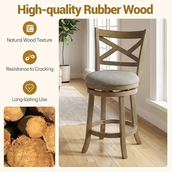 Giantex Wood Swivel Bar Stools Set of 2, 25" Upholstered Counter Height Bar Stools with X Back, Linen Cushioned Seat, Farmhouse Armless Wooden Barstools for Kitchen Island Dining Room, Grey