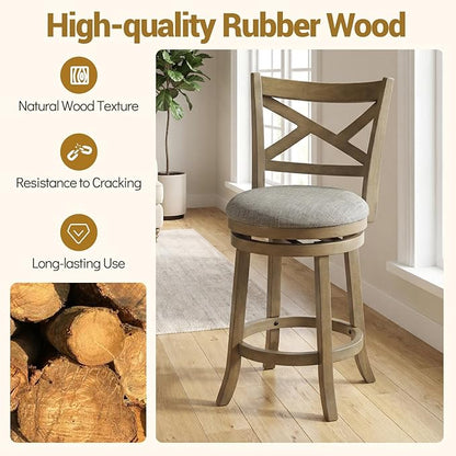Giantex Wood Swivel Bar Stools Set of 2, 25" Upholstered Counter Height Bar Stools with X Back, Linen Cushioned Seat, Farmhouse Armless Wooden Barstools for Kitchen Island Dining Room, Grey