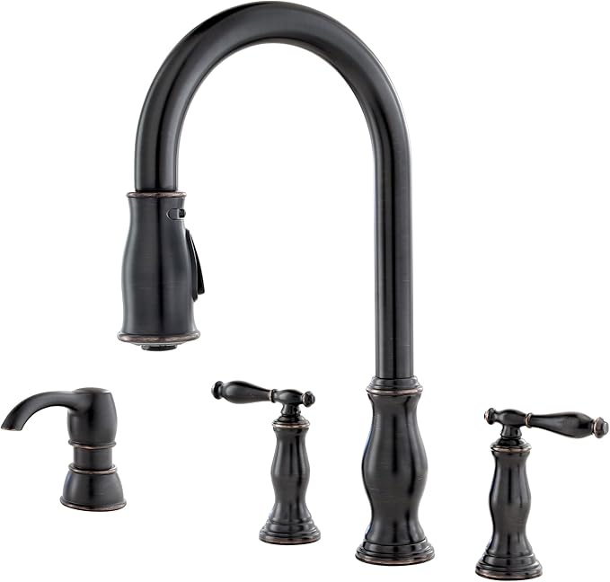 Pfister Hanover Kitchen Sink Faucet with Pull Down Sprayer and Soap Dispenser, 2-Handle High Arc Design, 4-Hole Installation, Tuscan Bronze Finish for Kitchen Sink F5314HNY