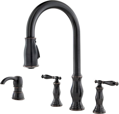 Pfister Hanover Kitchen Sink Faucet with Pull Down Sprayer and Soap Dispenser, 2-Handle High Arc Design, 4-Hole Installation, Tuscan Bronze Finish for Kitchen Sink F5314HNY