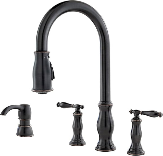Pfister Hanover Kitchen Sink Faucet with Pull Down Sprayer and Soap Dispenser, 2-Handle High Arc Design, 4-Hole Installation, Tuscan Bronze Finish for Kitchen Sink F5314HNY