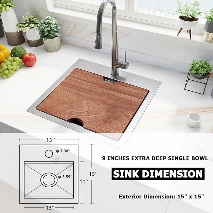 IKEBANA 15x15 Inch Bar Sink Drop in, Brushed Nickel Topmount Small Kitchen Sink, Single Bowl Handmade16 Guage T-304 Stainless Steel Workstation Kitchen Sinks, Outdoor RV Prep Wet Bar Sinks
