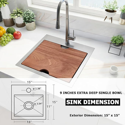 IKEBANA 15x15 Inch Bar Sink Drop in, Brushed Nickel Topmount Small Kitchen Sink, Single Bowl Handmade16 Guage T-304 Stainless Steel Workstation Kitchen Sinks, Outdoor RV Prep Wet Bar Sinks