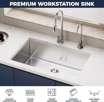30 Inch Undermount Kitchen Sink - 30x19x9 Kitchen Sinks with Brushed, 18 Gauge 304 Stainless Steel Includes Drain Strainer, Deep Single Bowl Handmade Basin