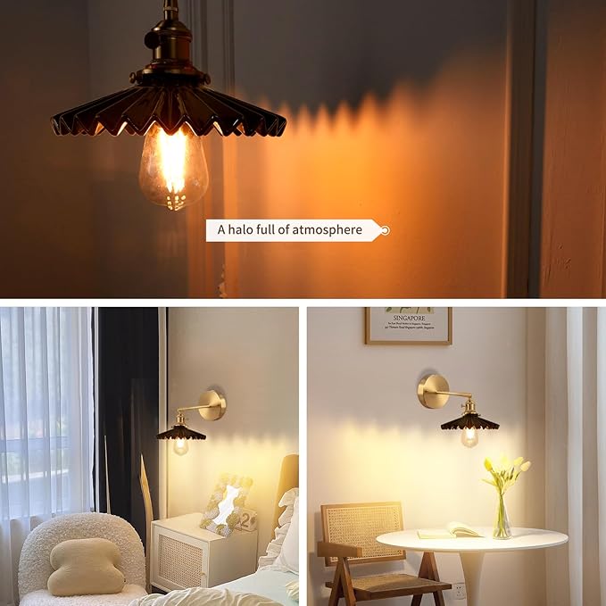 Shenmoyl Vintage Wall Sconce with Black Pleated Ceramic Lampshade 180 Degree Adjustable Brass Sconces Wall Lighting Fixture with Switch for Bedside Bedroom Doorway
