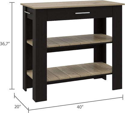 GOWE Kitchen Island 37" H, Two Open Storage Shelves, One Drawer, Four Legs,Towel Hanger, Black/Light Oak