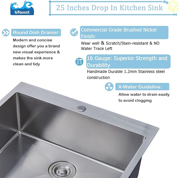 25 Inch Drop In Kitchen Sink, 25x22 Inch Topmount Stainless Steel Single Bowl Bar RV Laundry Utility Outdoor Wet Prep Small Sink with Drain