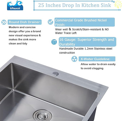 25 Inch Drop In Kitchen Sink, 25x22 Inch Topmount Stainless Steel Single Bowl Bar RV Laundry Utility Outdoor Wet Prep Small Sink with Drain