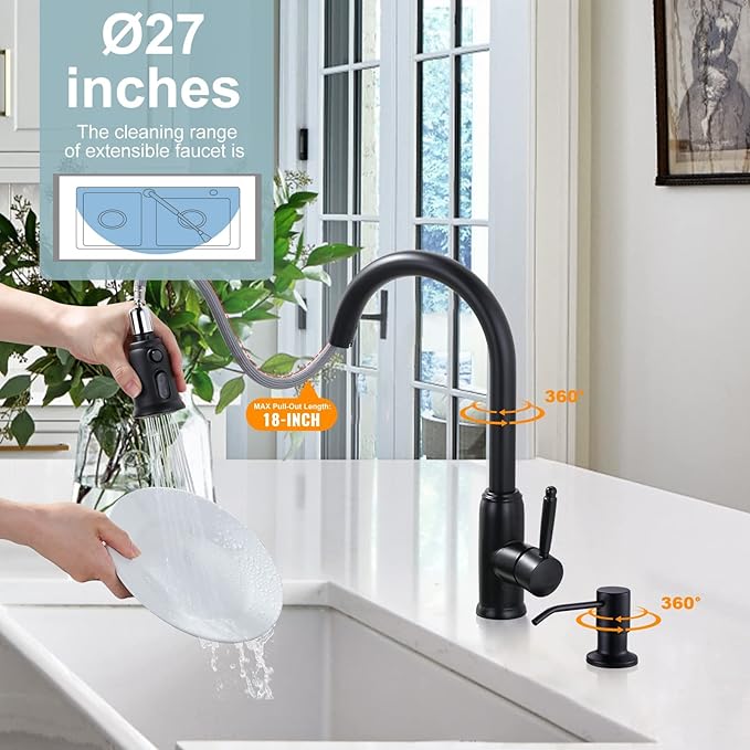 Black Kitchen Faucet with Soap Dispenser, WOWOW Stainless Steel Kitchen Faucet for Sink 2 or 4 Hole, High Arc Vintage Kitchen Sink Faucet with Pull Down Sprayer and Deck Plate