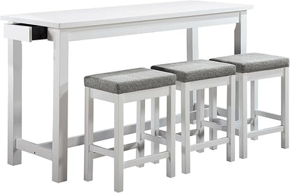 Lexicon 4-Piece Counter Height Table with 3 Stools, Wood Kitchen Counter Table Set with 2 Built-in USB Ports, 2 Charging A/C Power Outlets, Console Drawer, Upholstered Bar Stools, White