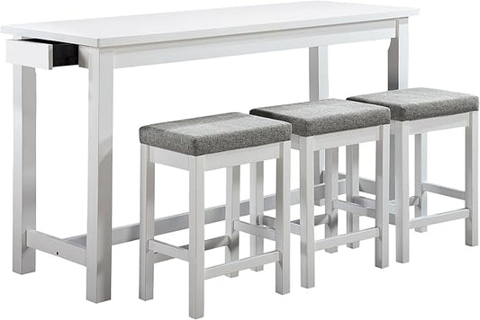 Lexicon 4-Piece Counter Height Table with 3 Stools, Wood Kitchen Counter Table Set with 2 Built-in USB Ports, 2 Charging A/C Power Outlets, Console Drawer, Upholstered Bar Stools, White