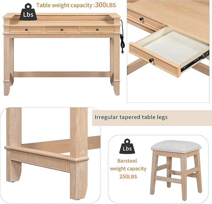 4-Piece Counter High Bar Table Set with Drawers & Charging Station,Counter Height Dining Table Set with Rectangle Table & 3 Upholstered Chairs,Retro Dinette sets for Breakfast Nook,Small Place,Natural