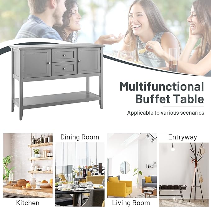 Byroce Farmhouse Coffee Bar Cabinet, Wood Kitchen Island with 2 Cabinets, Storage Drawers & Open Shelf, Buffet Sideboard Console Table for Home Living Room, Kitchen, Dining Room (Grey)