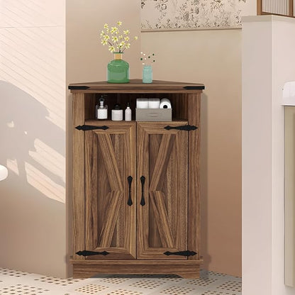 GarveeHome Corner Bathroom Cabinet, Small Corner Cabinet with Barn Doors & Adjustable Shelf, Farmhouse Bathroom Table with Storage for Small Spaces, Kitchen, Living Room, Brown
