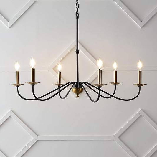 JONATHAN Y 34.75" Brass Gold/Black 6-Light Bohemian Farmhouse Iron Chandelier, Rustic Candle-Style LED Hanging Light for Dining Room Kitchen Island Entryway Foyer (JYL7559C)