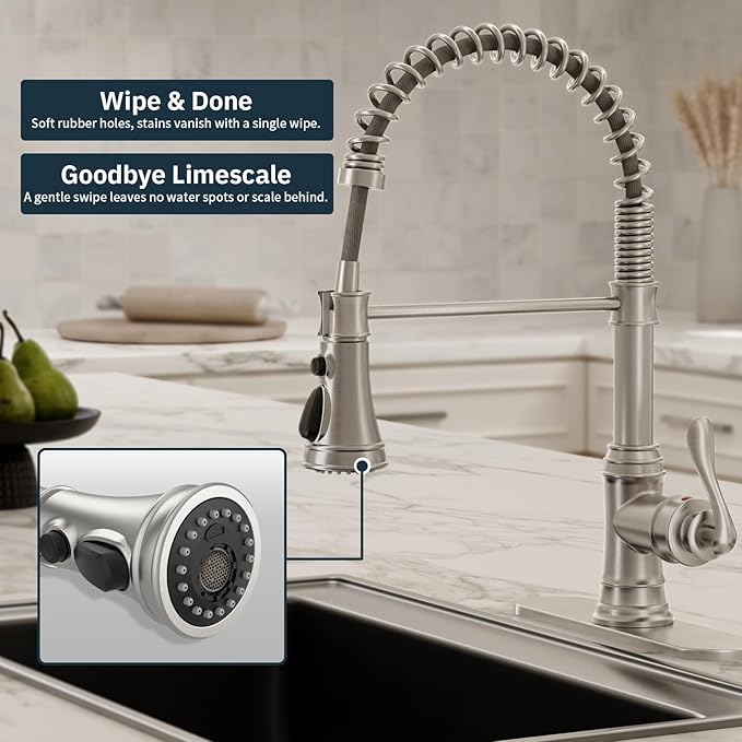 BWE Brushed Nickel Kitchen Faucet with Pull Down Sprayer, Single Handle High Arc Kitchen Sink Faucet 1 Hole or 3 Hole, Solid Brass Spring Kitchen Faucet with 3-Mode Sprayer for Farmhouse RV