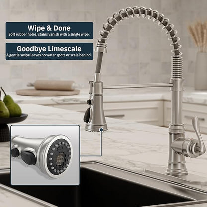 BWE Brushed Nickel Kitchen Faucet with Pull Down Sprayer, Single Handle High Arc Kitchen Sink Faucet 1 Hole or 3 Hole, Solid Brass Spring Kitchen Faucet with 3-Mode Sprayer for Farmhouse RV