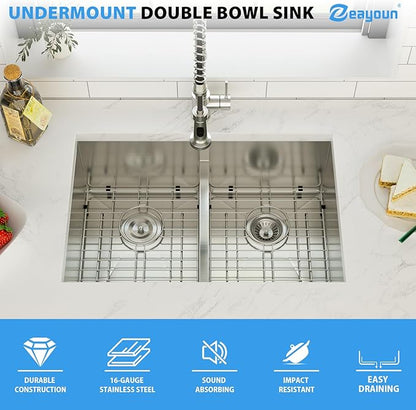 28 Inch Undermount Double Bowl Kitchen Sink 16 Gague 304 Stainless Steel Double Handmade Sinks 50/50 Large Deep Double Bowl Sinks 28"x19"x10"
