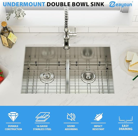 28 Inch Undermount Double Bowl Kitchen Sink 16 Gague 304 Stainless Steel Double Handmade Sinks 50/50 Large Deep Double Bowl Sinks 28"x19"x10"