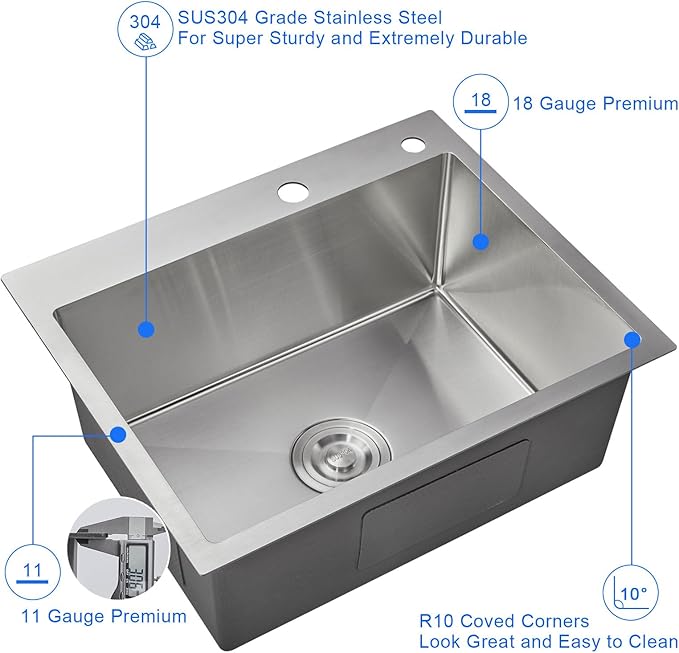 MENATT 24 Inch Drop-in Kitchen Sink, 304 Stainless Steel Topmount Handmade Residential Sink, Single Bowl Workstation Sink with Drain Kit (Brushed), 24"x18"x9"