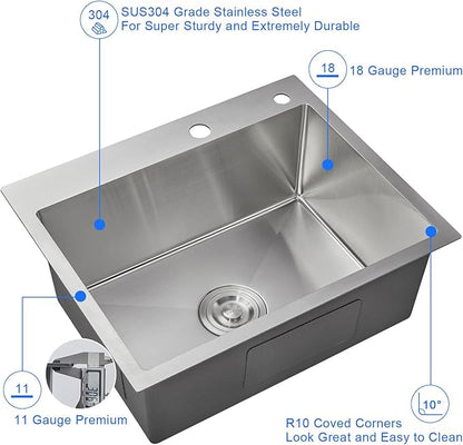 MENATT 20-inch Drop in Kitchen Sink, SUS304 Stainless Steel Top-Mount Handmade Kitchen rv Sink, Single Bowl Sink with Basket Strainer, 20"*16"*9" (Brushed)