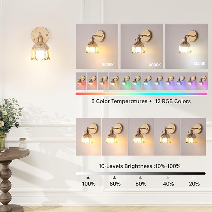 Shenmoyl Vintage Battery Operated Wall Sconce with Amber Tulip Glass Lampshade Rechargeable Battery Powered Wall Light with Remote Control for Bedside Bedroom Doorway