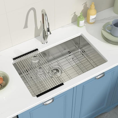 28 Undermount Kitchen Sink 28"x18"x8" Single Bowl 16 Gauge Stainless Steel Under Counter Single Bowl Kitchen Sinks Basin with Drain Strainer