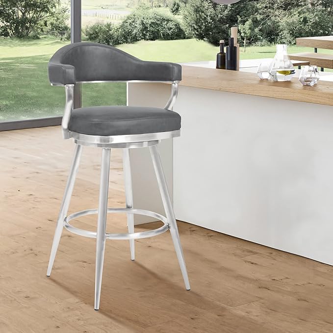 Armen Living Justin Modern Farmhouse 26" Seat Height Swivel Vintage Gray Faux Leather Bar Stool with Brushed Stainless Steel Legs for Kitchen Island Counter