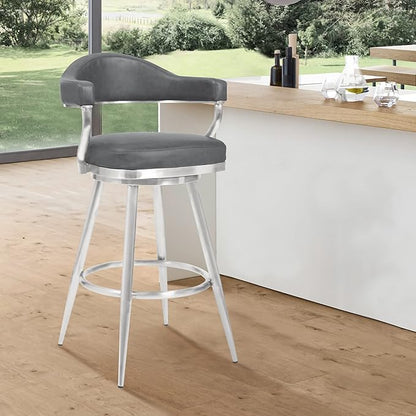 Justin Modern Farmhouse 26" Seat Height Swivel Vintage Gray Faux Leather Bar Stool with Brushed Stainless Steel Legs for Kitchen Island Counter, Set of 2