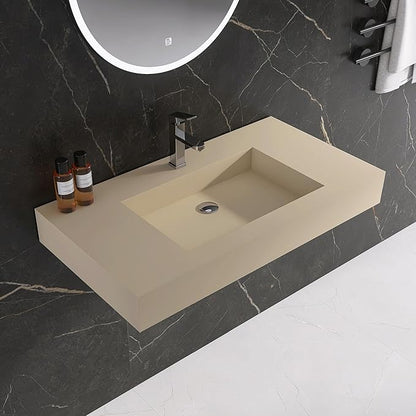 35" x 19" Bathroom Sink with Single Faucet Hole, Stone Resin Wall Mount Sink, Rectangle Solid Surface Vessel Sinks for Bathroom, Floating or Countertop Vessel Sinks, Latte Color