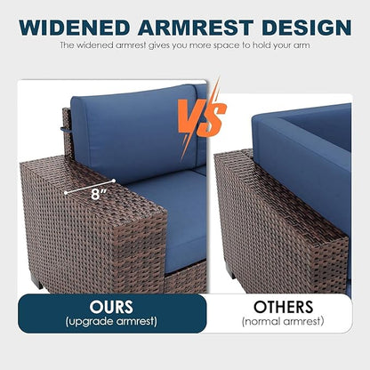 13 Piece Patio Furniture Set with Fire Pit Table, Wide Armrest Outdoor Sectional Sofa Brown Wicker Rattan Conversation Sets, 4'' Thickened Cushion Navy Blue