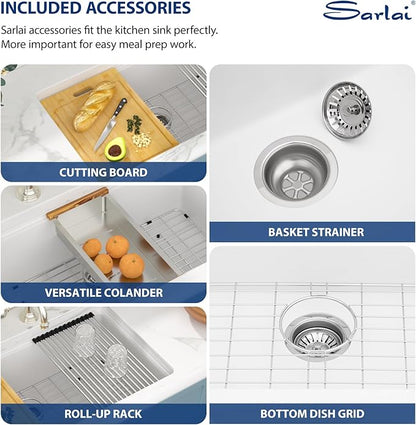 Sarlai 33 White Kitchen Sink Granite Composite - 33 x 19 inch Kitchen Sink Undermount Workstation White Granite Composite Quartz Single Bowl Under Counter Kitchen Sinks Basin