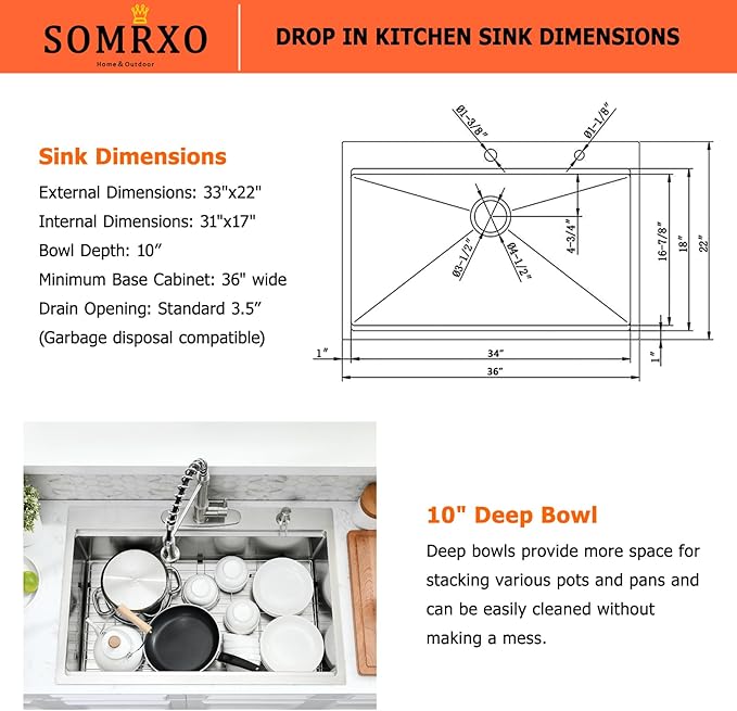 33 Inch Drop In Kitchen Sink - 33x22 Kitchen Sink Drop In,16 Gauge Stainless Steel Topmount, 10" Deep Single Bowl Workstation Sinks with Accessories