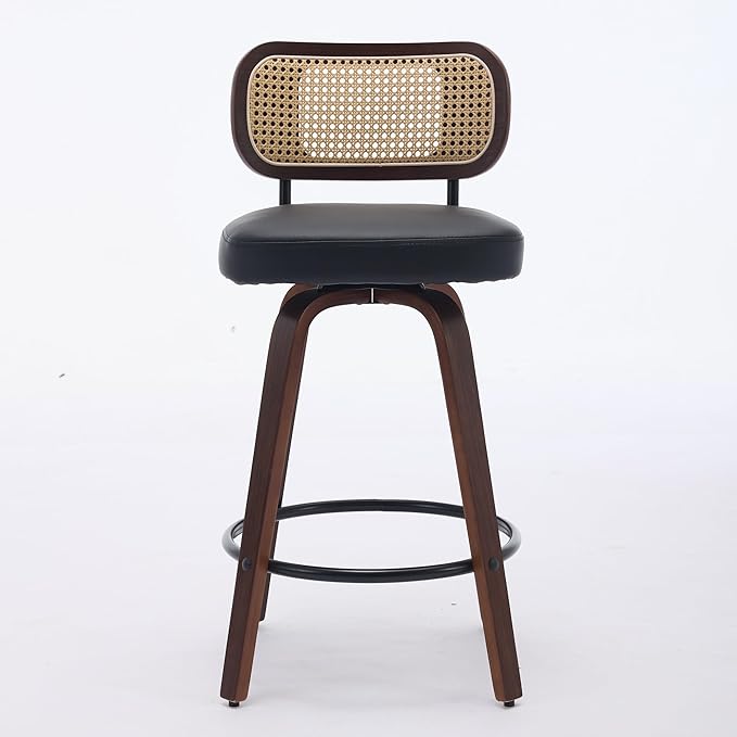 Gecheer Set of 3 Swivel Bar Stools 26 in, Rattan Back & Upholstered Seat, Walnut/Black for Kitchen Island or Counter Multiple Family Members can use it for Daily Dining, Resting YHS-W1143P300159