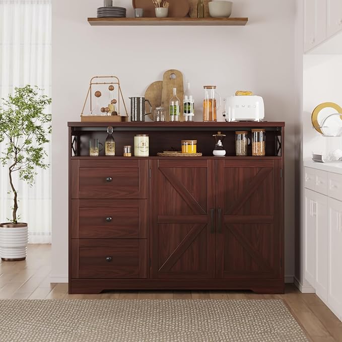 Befrases Dark Brown Farmhouse Storage Cabinet with Doors & Drawers, Sideboard Buffet Cabinet with Storage, Kitchen Pantry Hutch, Coffee Bar Station Table for Kitchen, Livingroom, Dining Room