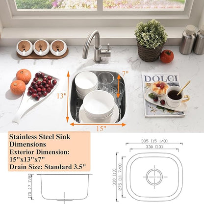 Stainless Steel Undermount Bar Sink-Bokaiya 15x12 Inch Small Undermount Sink Wet Bar Prep Sink 16 Gauge Outdoor Rv Single Bowl Kitchen Sink with Dish Grid