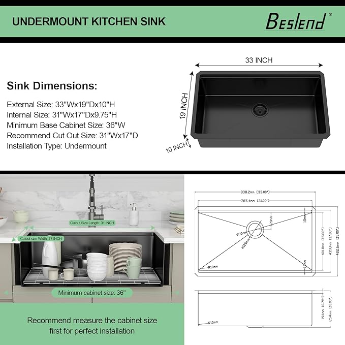 33 Inch Matte Black Workstation Kitchen Sink - Premium NANO-PVD Coated Undermount Sink, 16 Gauge Deep Single Bowl with Accessory Ledge & Round Corner, Fits 36” Cabinet (33"x19"x10")